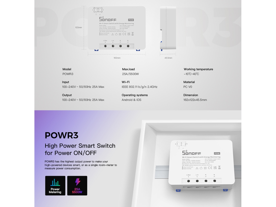 Interruptor Inteligente Sonoff Powr3 (wifi De Alta Potência De 25a)