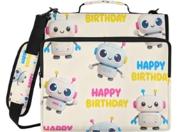 Pasta com 3 Anéis e Estampa Robô Animada Feliz Aniversário, com Bolsas Extras, Alça de Ombro Removível e Almofada de Ombro