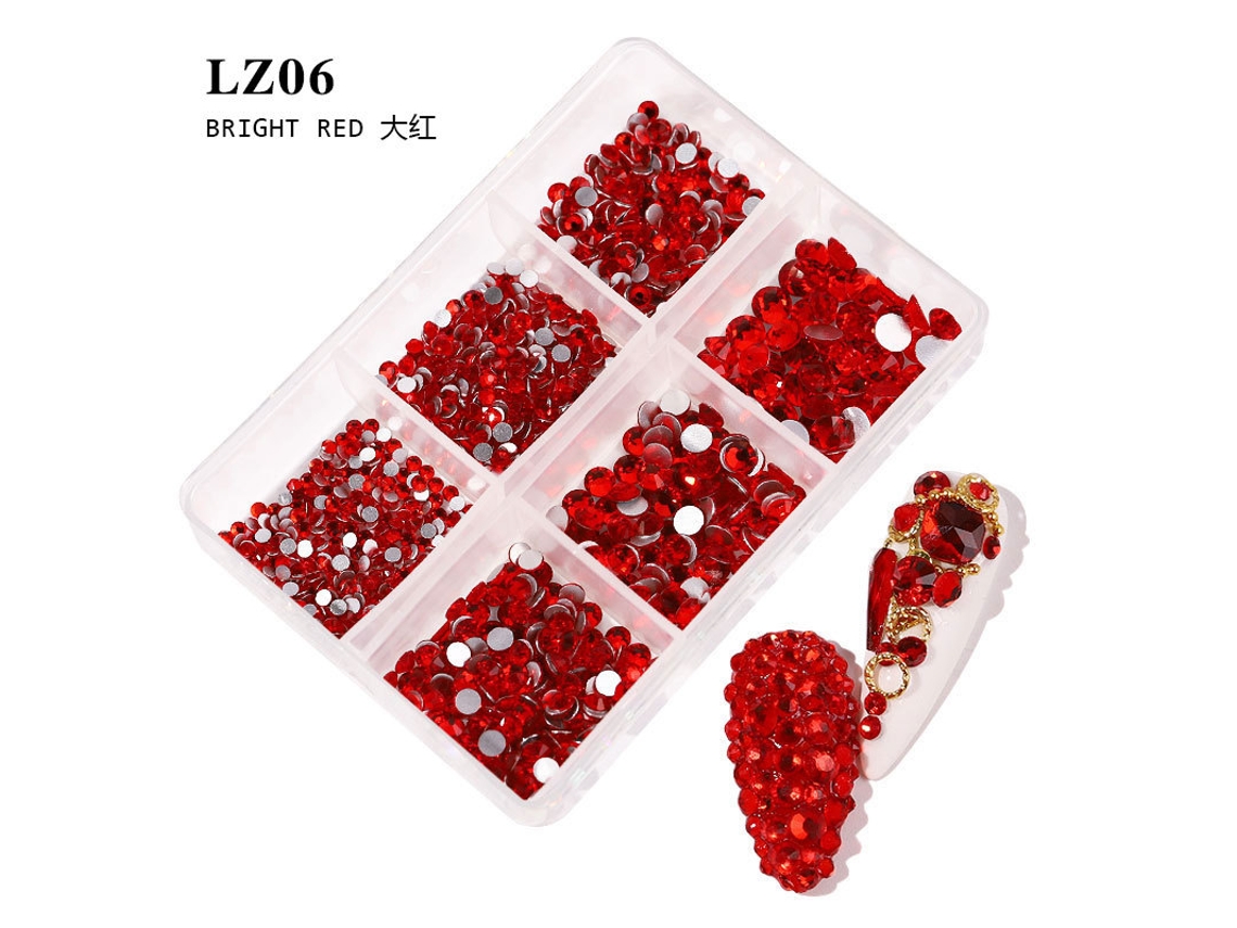 Kit De Acessórios Para Nail Art Com Strass De Base Plana (3 Caixas)caixa Com 6 Compartimentos E Strass, Cor Vermelho Vivo 06