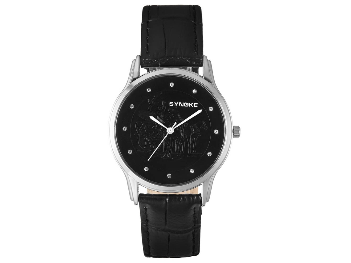 Relógio Synoke preto à prova d'água, moderno, para homens e mulheres, com pulseira de couro ajustável.