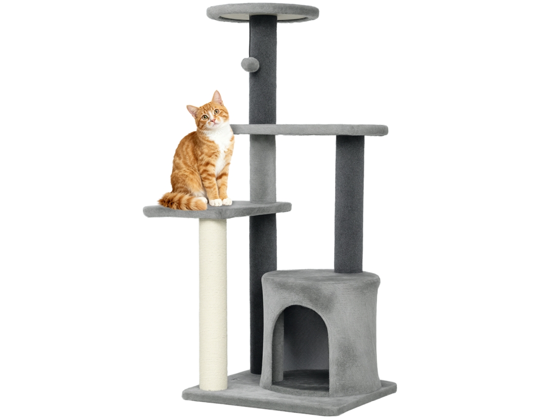 Árvore Gato Altura 103cm, Plataformas, Cabana Em Peluche, Bolas E Postes Sisal, Base Reforçada, Cinza