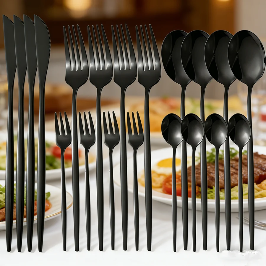 Conjunto De Talheres Pretos (20 Peças) Em Aço Inoxidável, Próprios Para Lava-louças, Ideais Para Refeições.