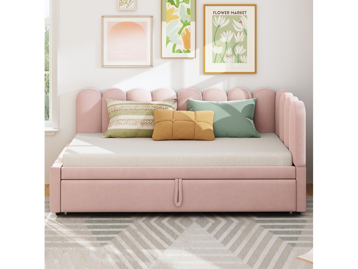 Sofá Cama 90x200 Cm Com Cama Extra Veludo Rosa Estilo (colchão Não Incluído)