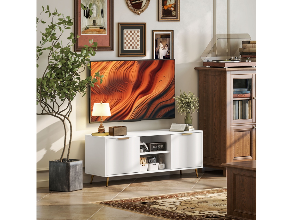 Suporte Tv 2 55 Polegadas Compartimentos Abertos Portas Branco 120x35x48 Cm