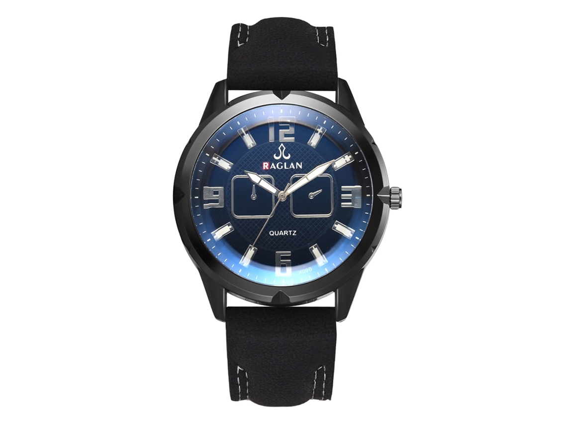 Relógio de pulso masculino de quartzo com pulseira de PU e mostrador azul.