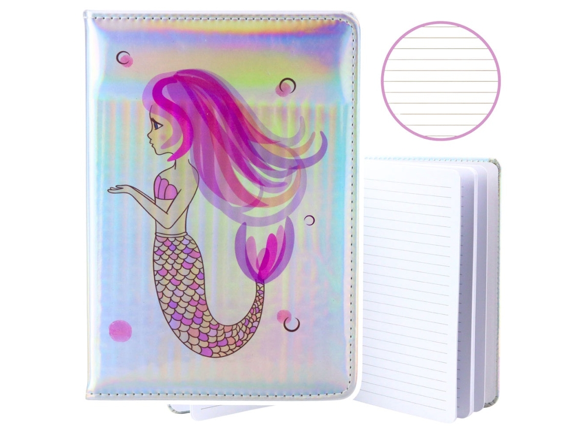 Caderno A5 com 80 Páginas Pautadas, Capa Dura e Estampa Holográfica de Ninfa Marinha BRILVIBERA