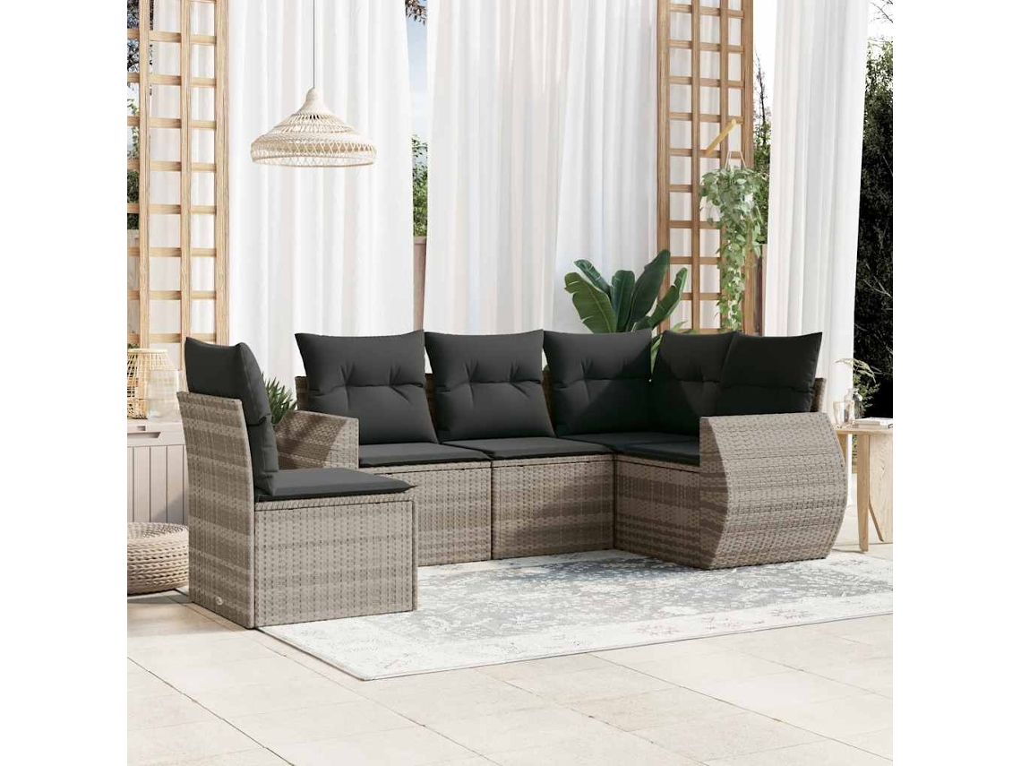 Vidaxl 5 Pcs Conj. Sofás Jardim C/ Almofadões Vime Pe Cinzento-claro