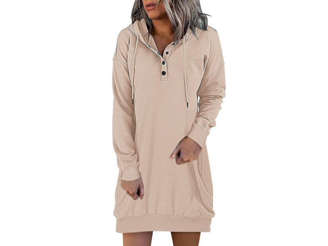 2026-vestido Sudadera Con Capucha Vintage Mujer Otoño Invierno Botones Casual Manga Larga L Bege