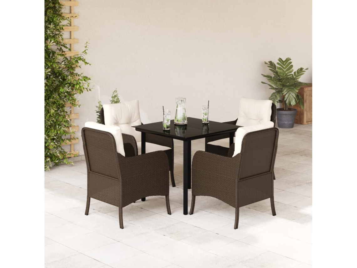Vidaxl 5 Pcs Conjunto Jantar P/ Jardim C/ Almofadões Vime Pe Castanho
