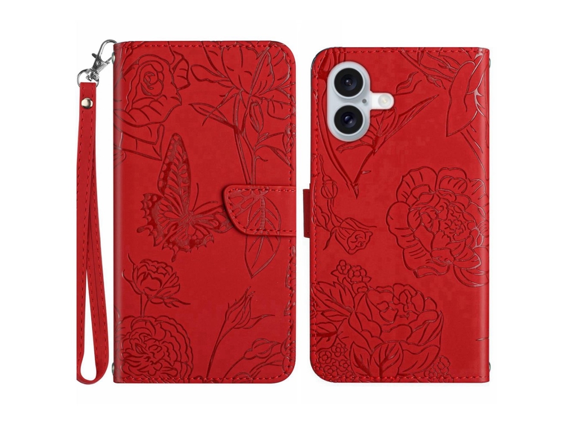 Capa Em Couro Pu Com Suporte Para Iphone 16 - Vermelho
