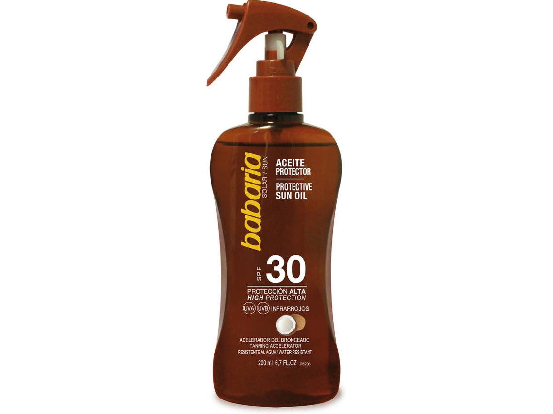 Protetor Solar BABARIA Spray Acelerador de Bronzeado Óleo Seco Côco SPF 30 (200ml)