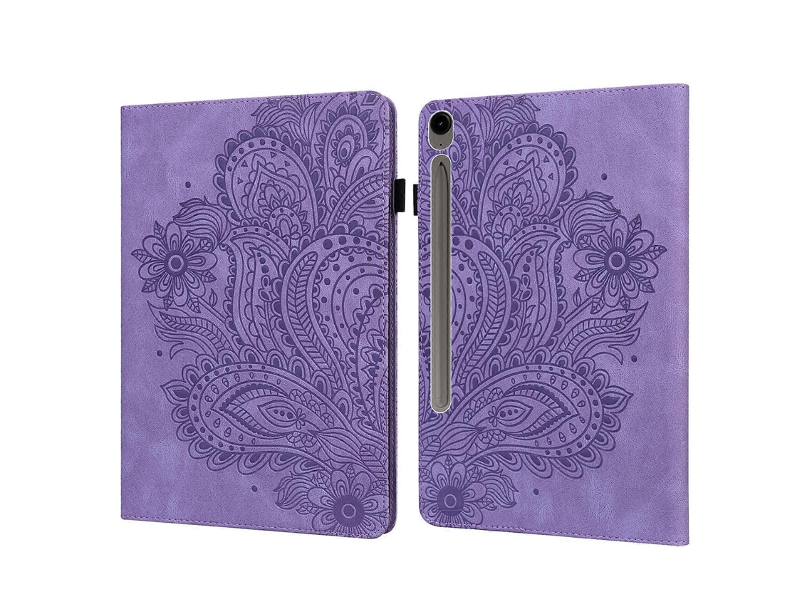 Capa de couro com estampa de pavão Hengrongshen e porta-cartões para Samsung Galaxy Tab S10 Fe Roxo