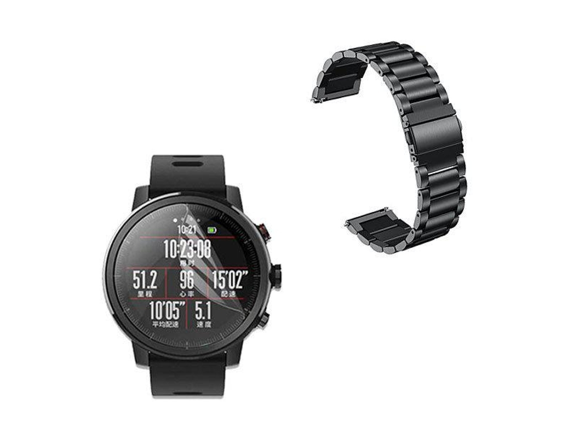Kit Pulseira Bracelete Aço Stainless Lux Ferramenta Película Protectora Ecrã Gel Full Cover Xiaomi Amazfit Pace 2 Preto