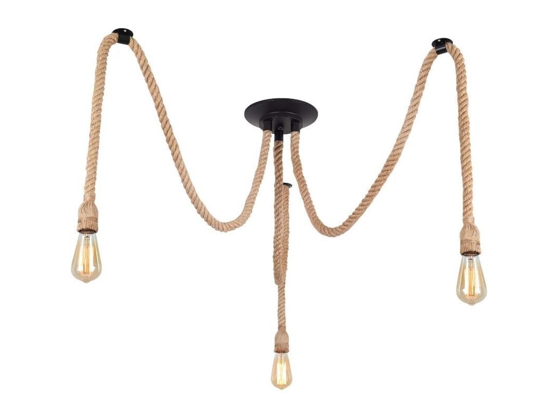 lustre Industrial Retro de Corda de Cana, 3 Luzes, Aplicação de Lâmpada Pendente, E27 S/MARCA