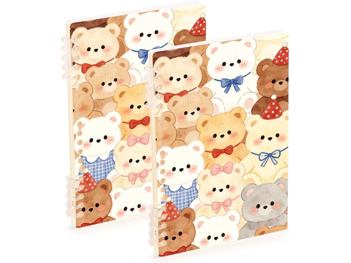 Conjunto de 2 Cadernos Espiral Resistentes, com Linhas Largas, em Formato Urso Pelúcia Marrom. Tamanho A5 (21,