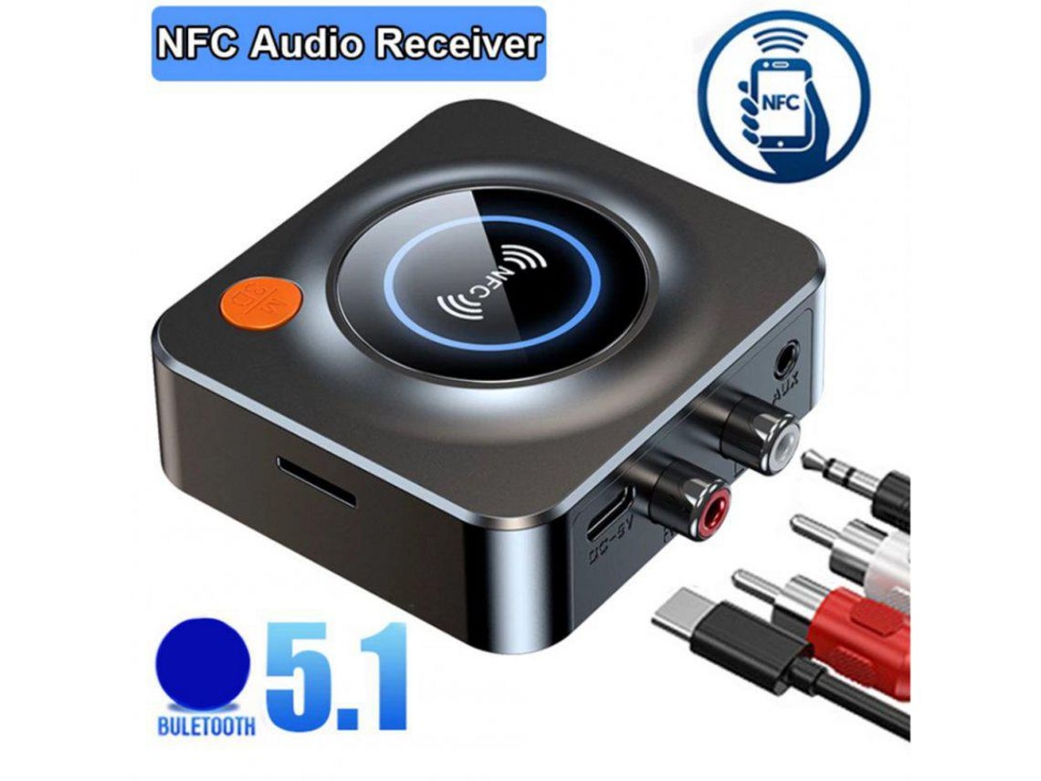 Adaptador Nfc Bluetooth 5.1 Receptor De Áudio 3,5 Mm Aux Rca Estéreo Música Adaptador Sem Fio Para Alto-falante Kit Veicular Preto*