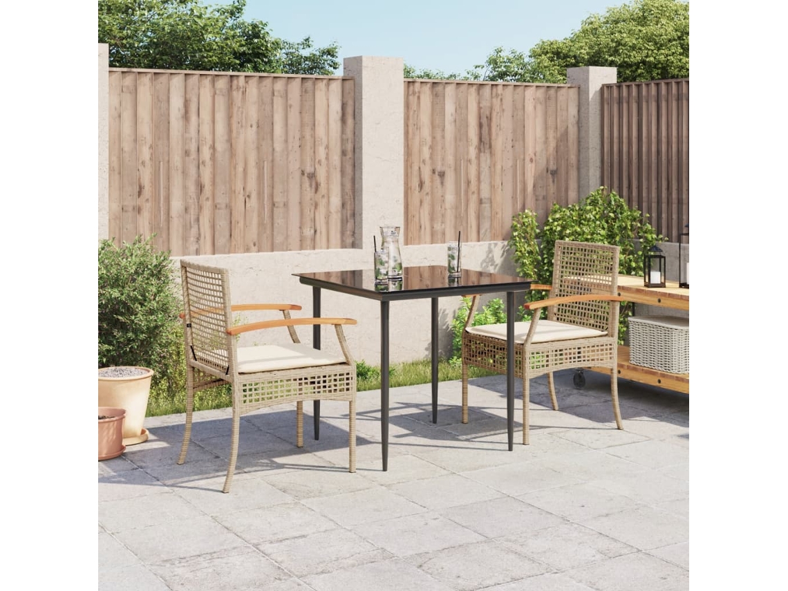 3 Pcs Conjunto De Jantar P/ Jardim Com Almofadões Vime Pe Bege Dkd Home Decor