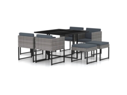 9 Pcs Conjunto Jantar P/ Jardim C/ Almofadões Vime Pe Cinzento Dkd Home Decor