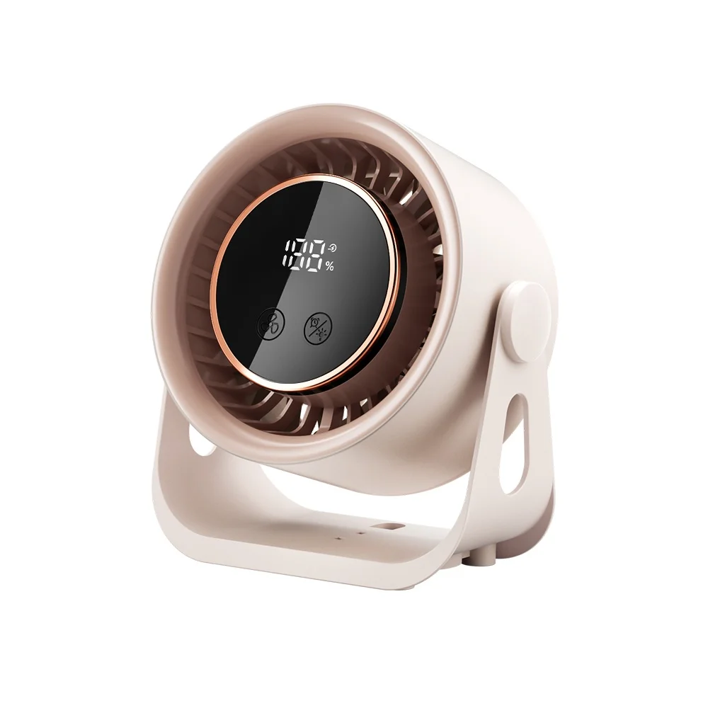 (bege) Mini Ventilador De Mesa Com Visor Led, Luz Noturna E Temporizador Rotação De 360° Funcionamento Silencioso.