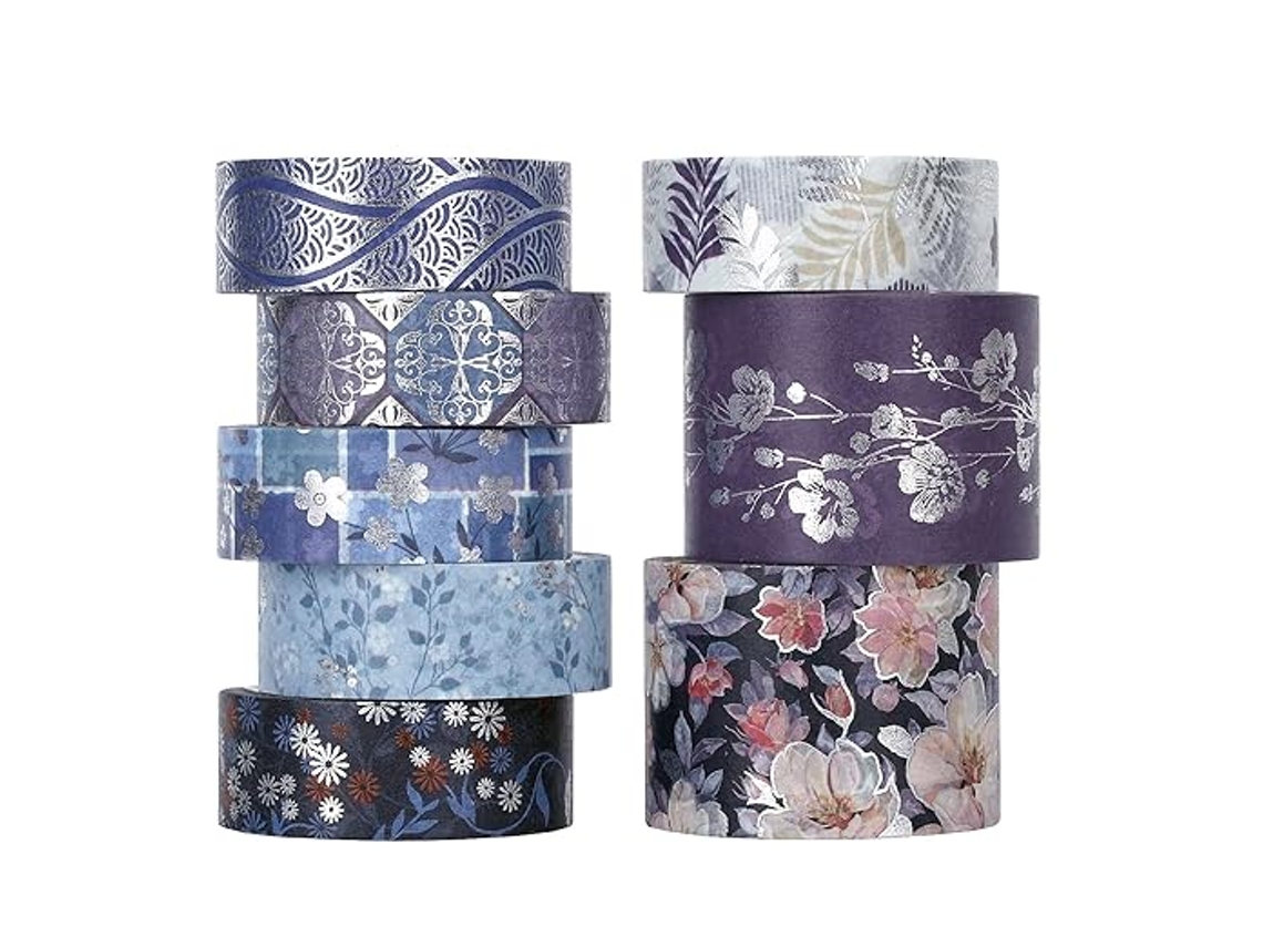 Conjunto de 8 rolos de fita washi floral, folha prateada, 15/30 mm de largura, Slowmoose