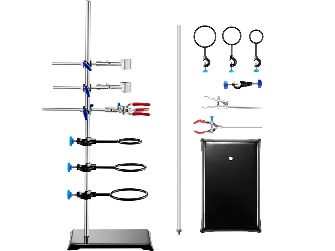 Suporte de Laboratório 1 Jogo Aço com Vara 60 Cm e Base Ferro Fundido 210,82x135 Mm Abraçadeiras Pistão, Bureta Cruzadas