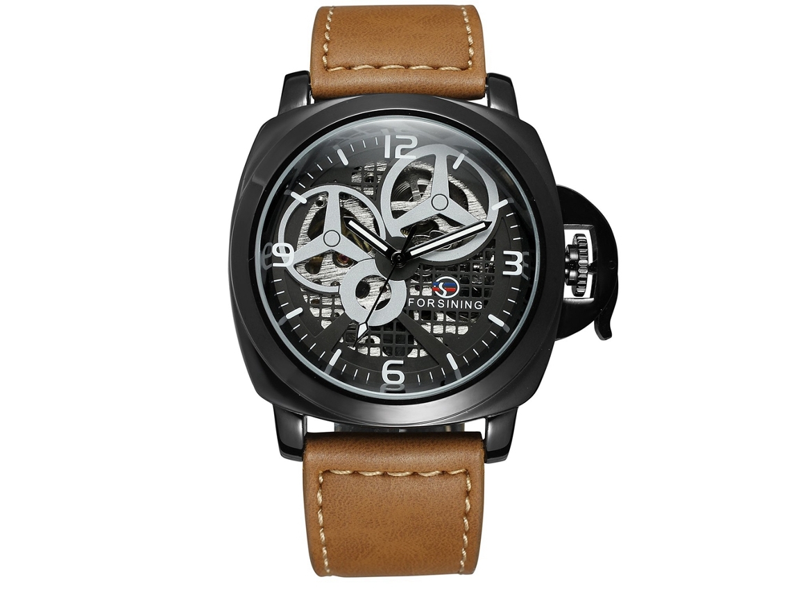 Relógio Automático Masculino Forsining Pulseira de Couro Mostrador Oco Redondo Preto Marrom