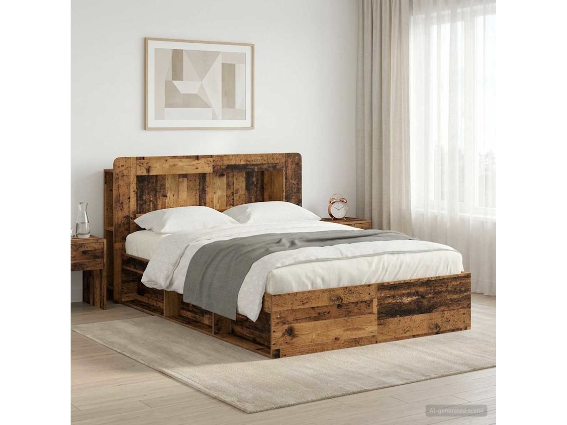 Vidaxl Estrutura De Cama Com Armazenamento Madeira Antiga 135 X 190 Cm