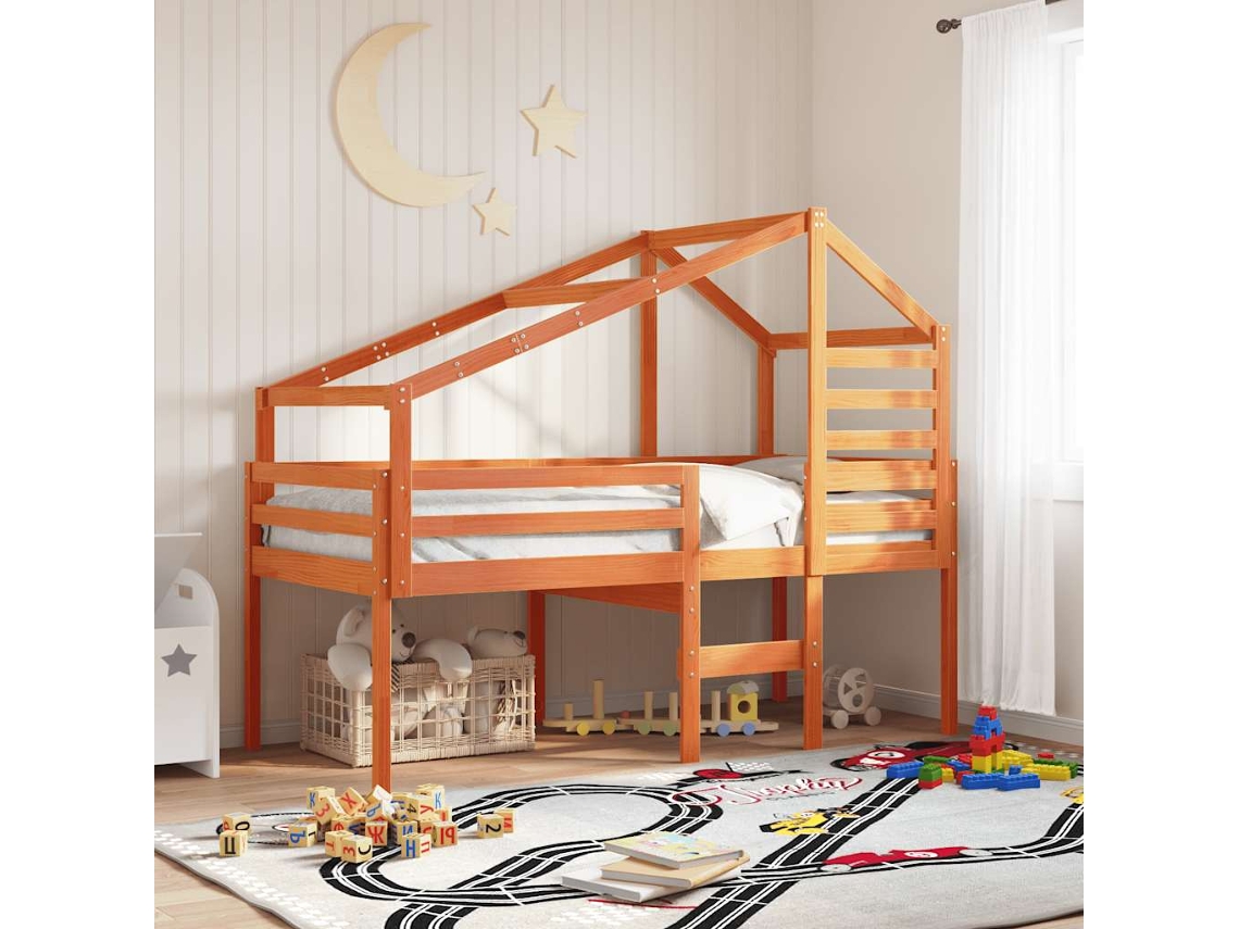 Cama Alta Com Telhado 90x200 Cm Pinho Maciço Castanho-mel
