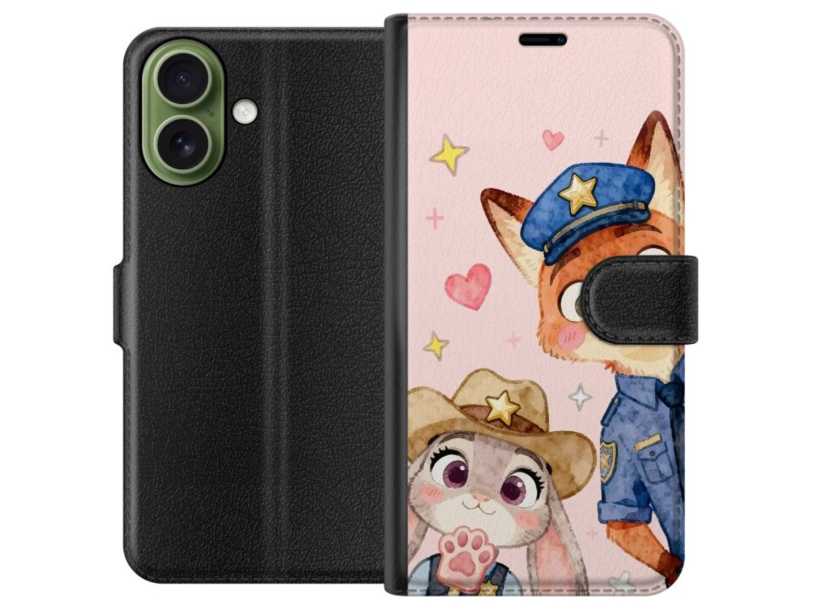 Capa Carteira Compatível Com Apple Iphone 17 Com Estampa De Raposa Policial E Coelho Policial Em Estilo Aquarela Com Estrelas E Corações.