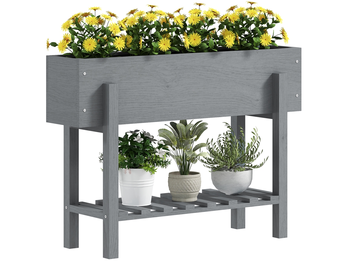 Jardineira CHEZMOI elevada, com prateleira, 100x30x70,5 Cm, madeira de abeto, cinza