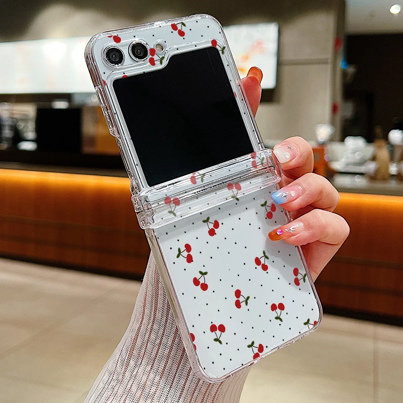 ((a731) Capa De Celular Samsung Galaxy Z Flip6) Com Estampa Fofa De Cereja, Rígida E Dobrável, Transparente