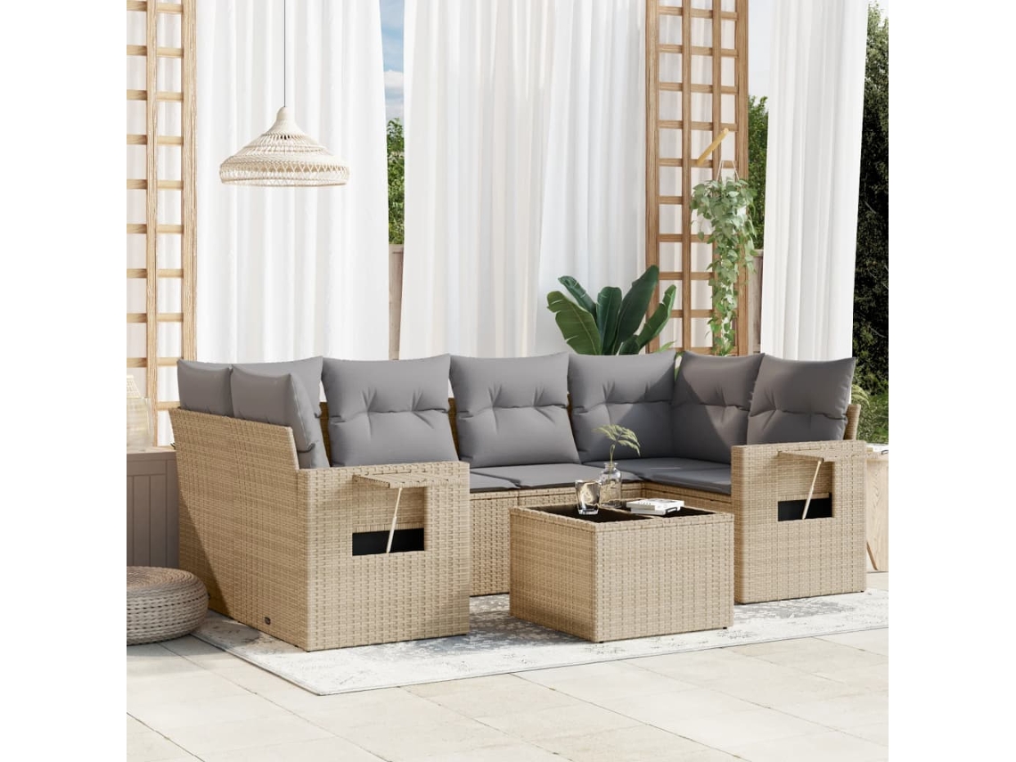 Vidaxl 7 Pcs Conjunto De Sofás P/ Jardim Com Almofadões Vime Pe Bege