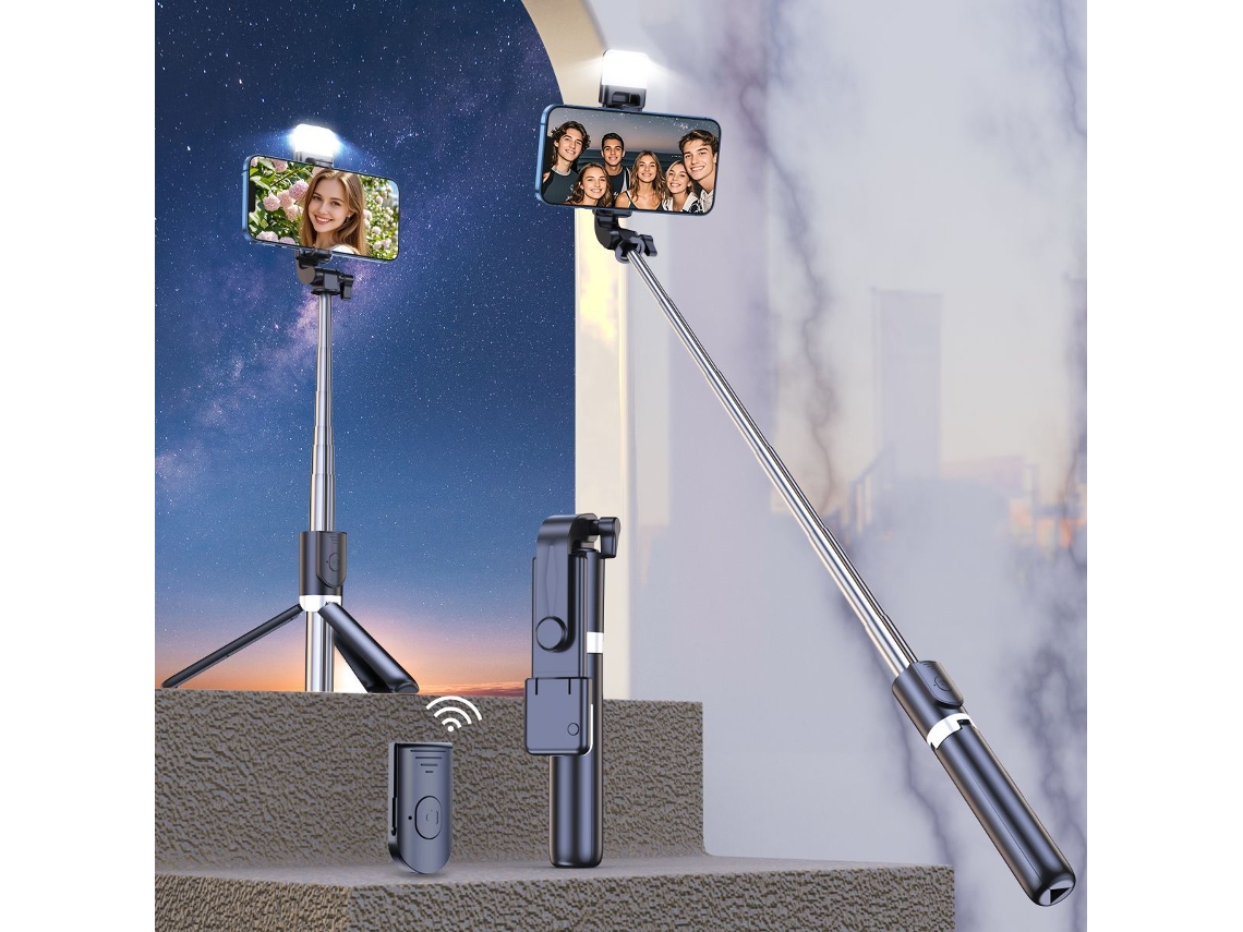 Palo Selfie com Tripé Integrado e Luz Led, para Celulares, Compacto e Portátil ZYBLSSBB