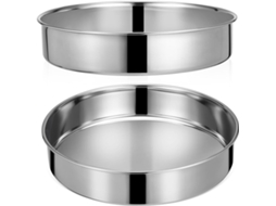 Conjunto de 2 recipientes redondos multiuso, duráveis e em material inoxidável.
