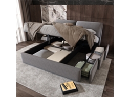 Cama Estofada, 160*200, Cama Hidráulica, Três Gavetas, Base De Armazenamento, Base De Ripas Com Cabeceira, Sem Colchão, Veludo, Cinza-op