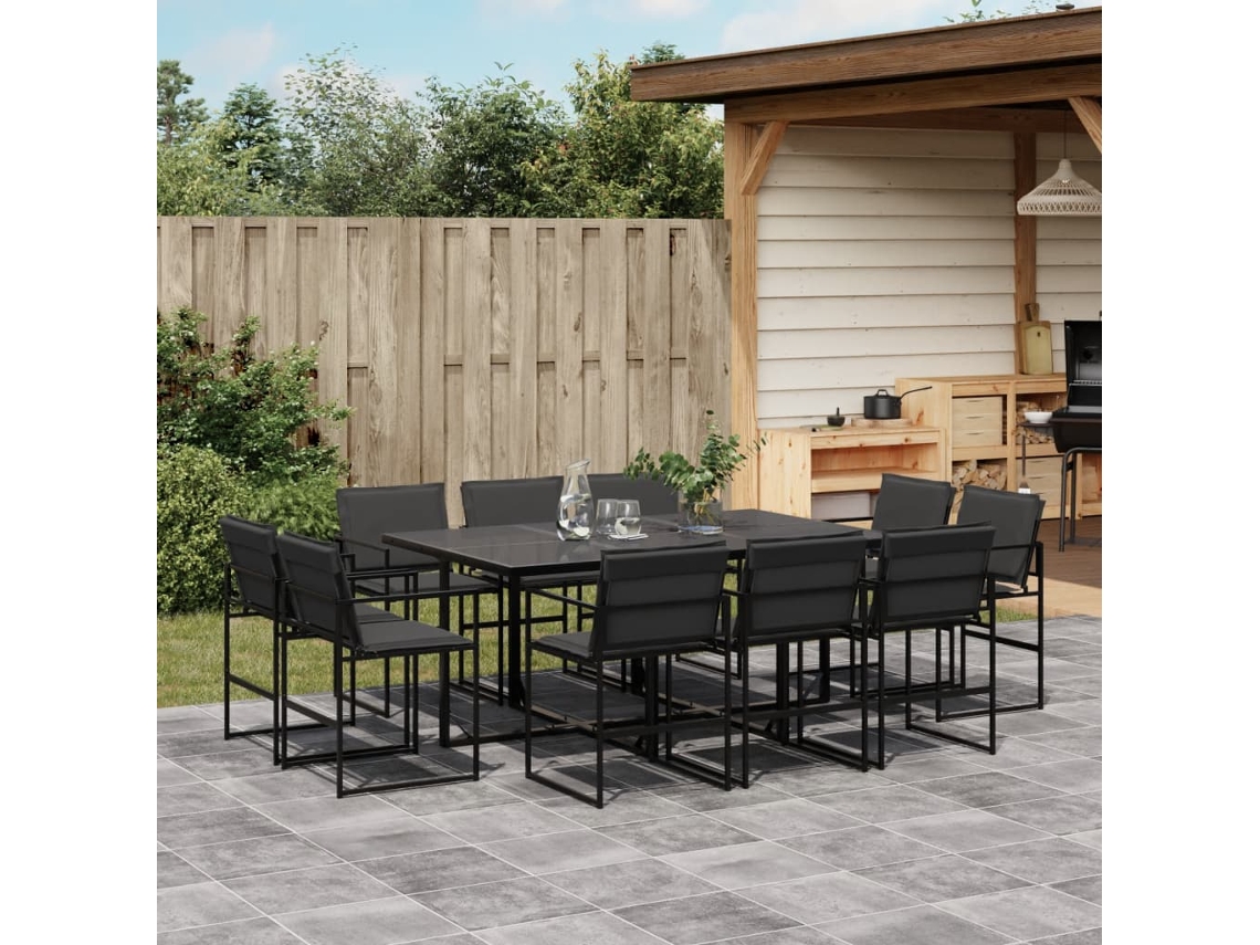 11 unidades Conj. De Jantar P/ Jardim C/ Almofadões Textilene Preto Dkd Home Decor