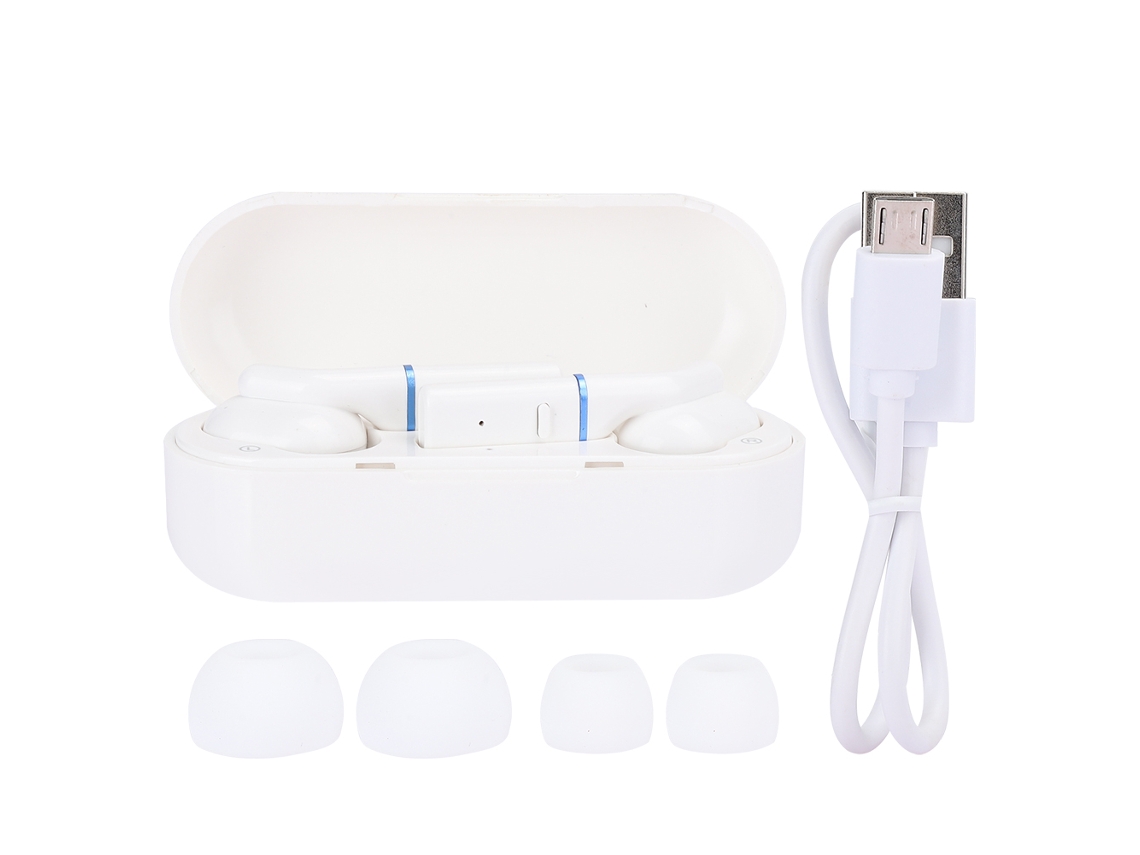 Fone Mali Bluetooth 5.0 TWS intra auricular sem fio HiFi para esportes HQ1 branco com marca