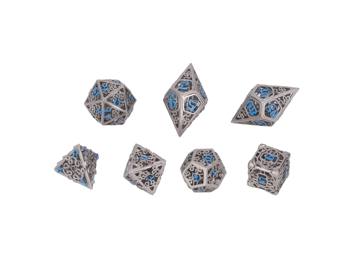 Conjunto Mali de 7 dados poliédricos de latão com números azuis para jogos de RPG e tabuleiro.