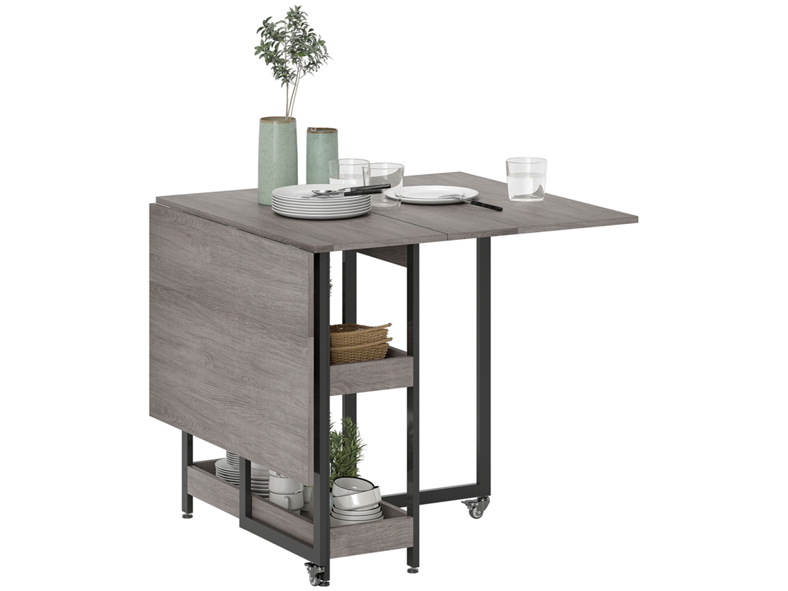 Mesa de Jantar Dobrável Industrial BTFORUS para até 4 pessoas, com prateleiras abertas, metal e MDP cinza