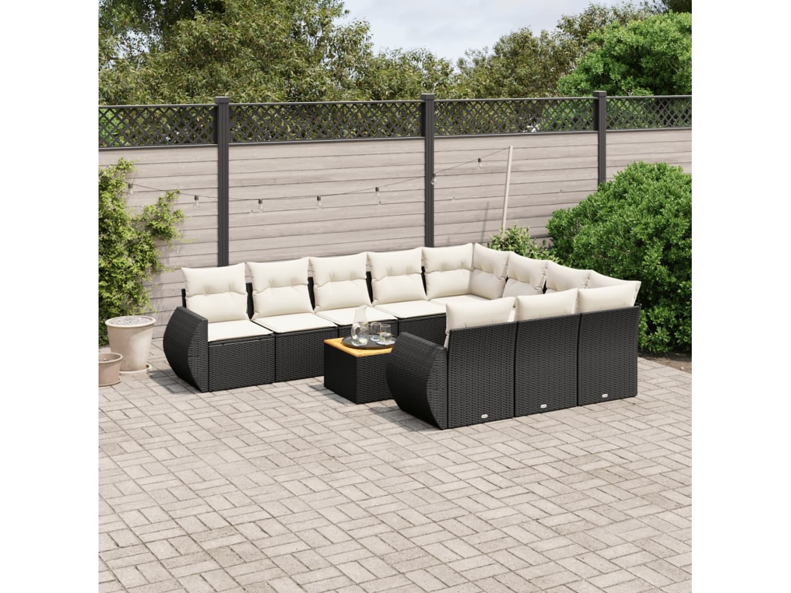 Jogo de Sofá Jardim 11 Peças C/ Almofadões Vime Pe Preto Dkd Home Decor