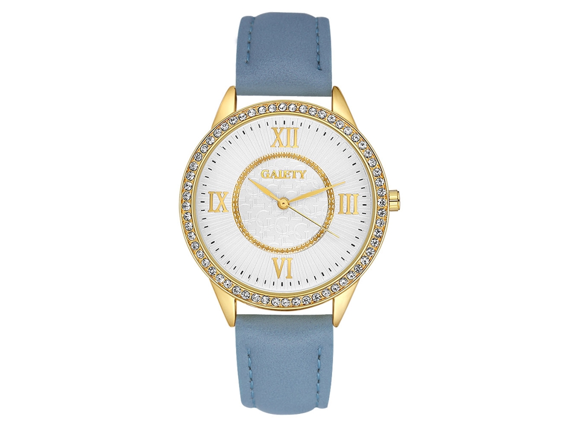 Relógio feminino Gaiety com mostrador cravejado de strass, pulseira de couro PU, relógio analógico de quartzo azul