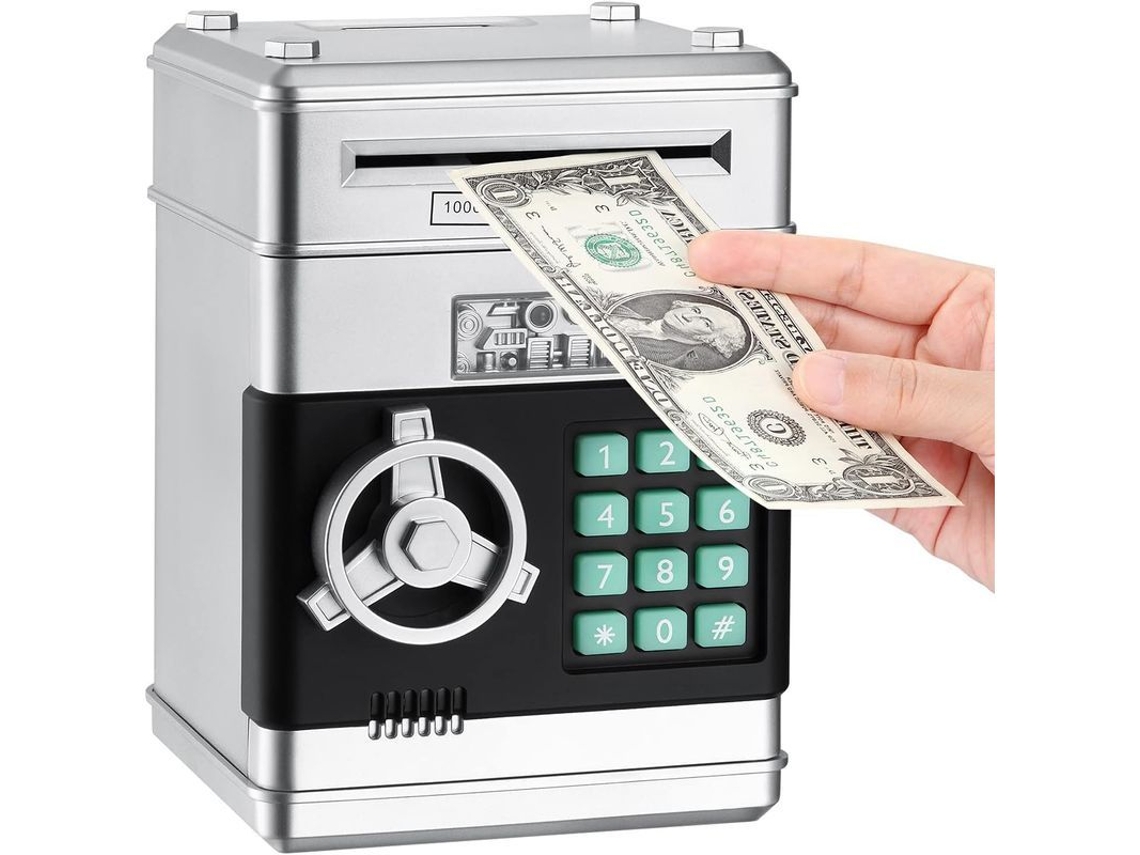 Cofre eletrônico tipo ATM para crianças de 4 a 10 anos, presente de aniversário, cofre com senha (prateado)
