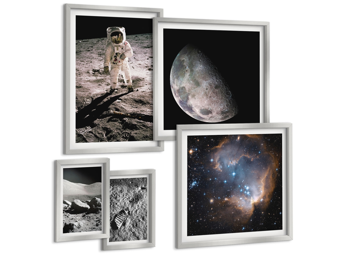 Composição De Quadros Montanha, Lago, Veado, Natureza Moldura Prateada Quadros Para A Sala De Estar Espelharte (conjunto De 5 Imagens)