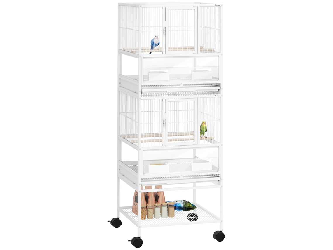Gaiola para pássaros de 2 níveis com painéis de acrílico, comedouros, poleiras, rodas, prateleira inferior 48x46x134,5cm branco S/MARCA