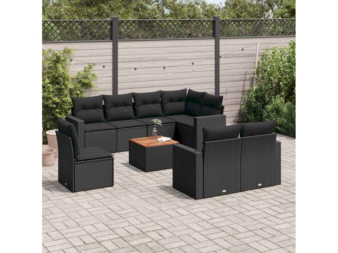 Vidaxl 9 Pcs Conjunto De Sofás P/ Jardim C/ Almofadões Vime Pe Preto