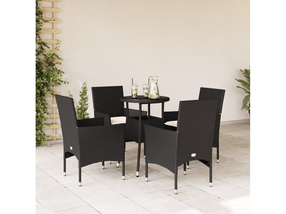 Vidaxl 5 Pcs Conjunto Jantar Jardim C/ Almofadões Vime Pe/vidro Preto