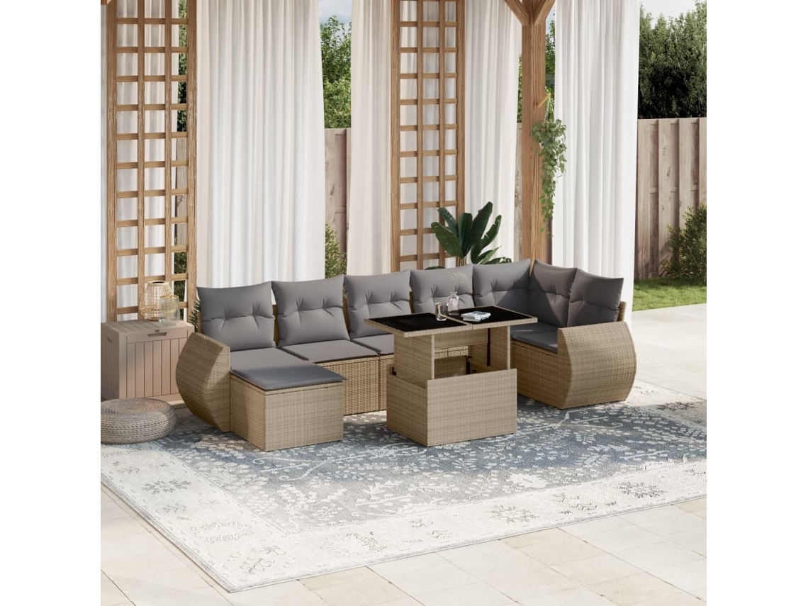 Vidaxl 8 Pcs Conjunto De Sofás P/ Jardim Com Almofadões Vime Pe Bege