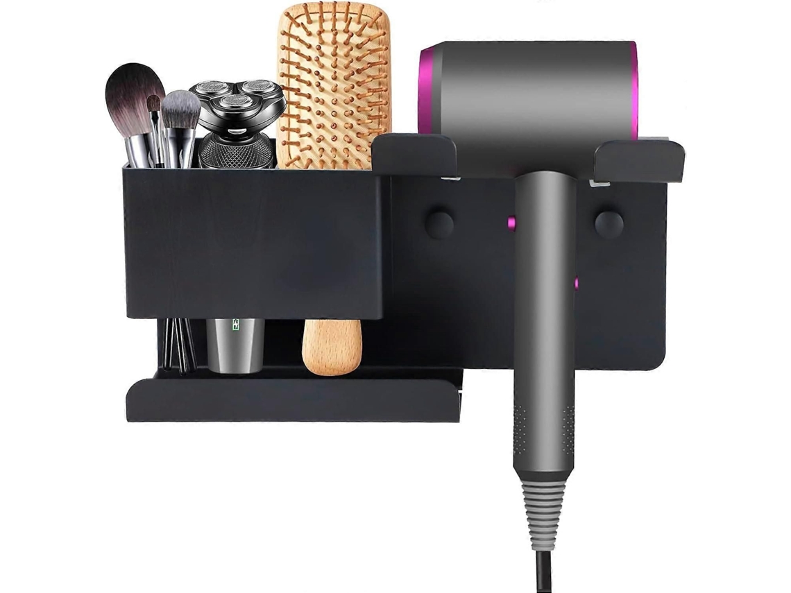 Suporte de Parede para Secador Cabelo com Compartimentos Armazenamento, em Liga Alumínio, Multifuncional e Gancho Tomada. GOKOCO