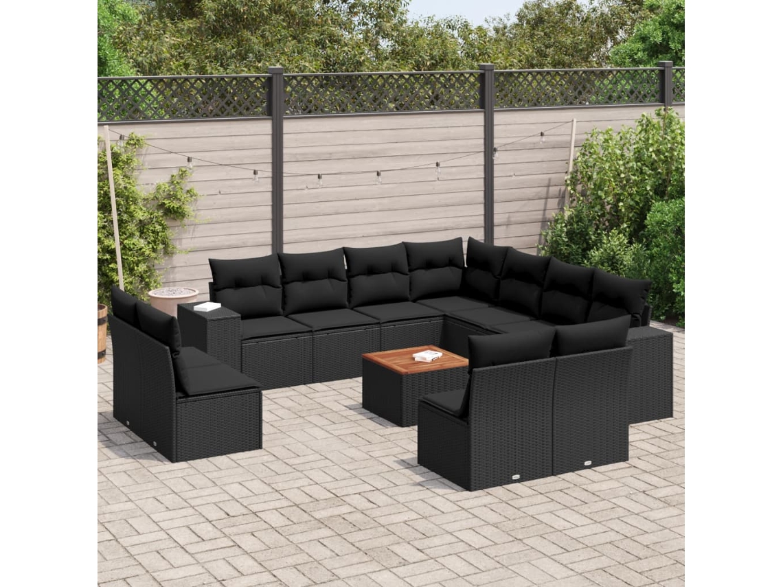 Vidaxl 12 Pcs Conjunto de Sofás de Jardim C/ Almofadões Vime Pe Preto