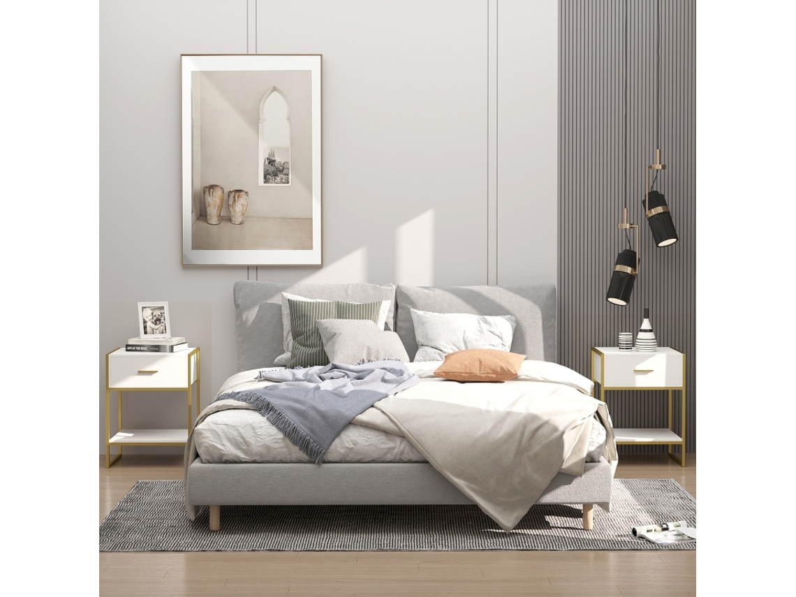 Conjunto 2 Mesas De Cabeceira, Gaveta + Prateleira, Mdf E Aço, 45x40x60cm, Branco E Dourado